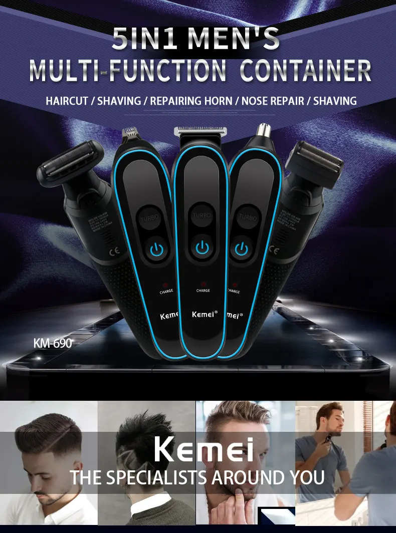 Kemei-690 5 в 1 профессиональный электрический триммер для волос перезаряжаемая машинка для стрижки волос Бритва для бороды Триммер для волос в носу бритва Инструменты для укладки