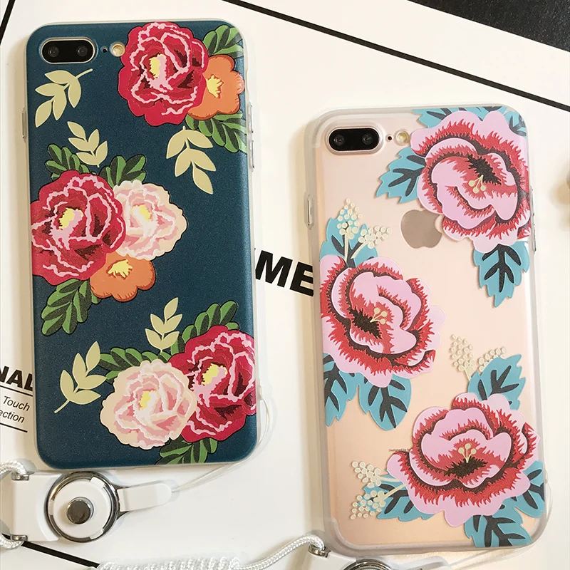 Youtime phone case For iphone 7 3D relief PC Matte back cover design 6 6s Plus anti-knock cute rose girl hang rope |