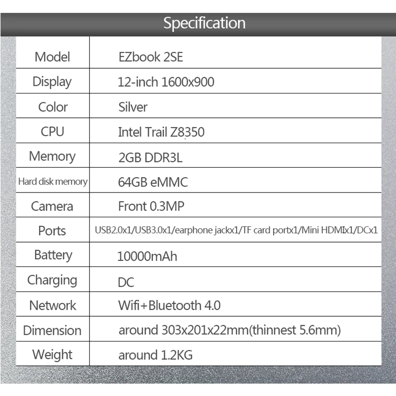 12 Inch laptop Intel Cherry Taril Z8350 2GB DDR3L 64GB eMMC Notebook Jumper EZbook 2se ultrabook Windows 10 BT4.0 | Компьютеры и офис