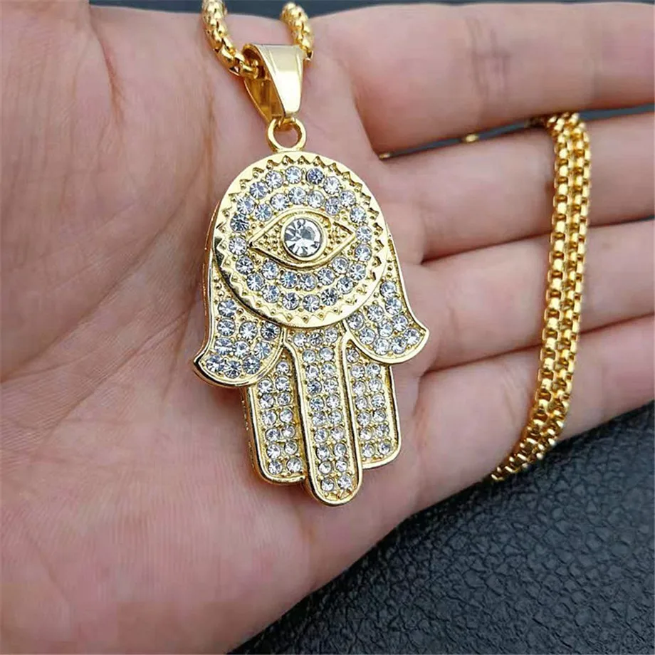 Хип хоп Iced Out Хамса рука Фатимы Кулон & цепь для женщин/мужчин золотой цвет