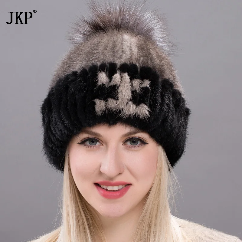 Real Natural Knitting Mink Fur Hat Natural Marten Hand Sewing Fur Cap Winter Women Warm Fox Fringe