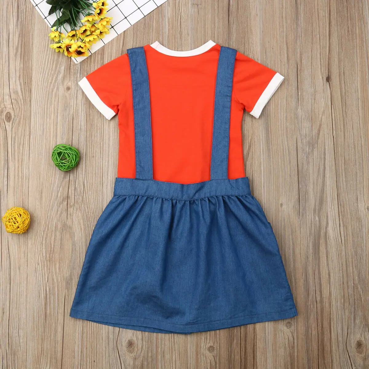 Летние детские топы с короткими рукавами Джинсовая юбка на бретелях платье