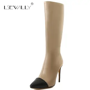Lsewilly 2018 Fashion Women Faux Leather Half Boots Autumn Winter Zip Shoes Lady Thin High Heels Mid Calf Boots Size 32-46 E07