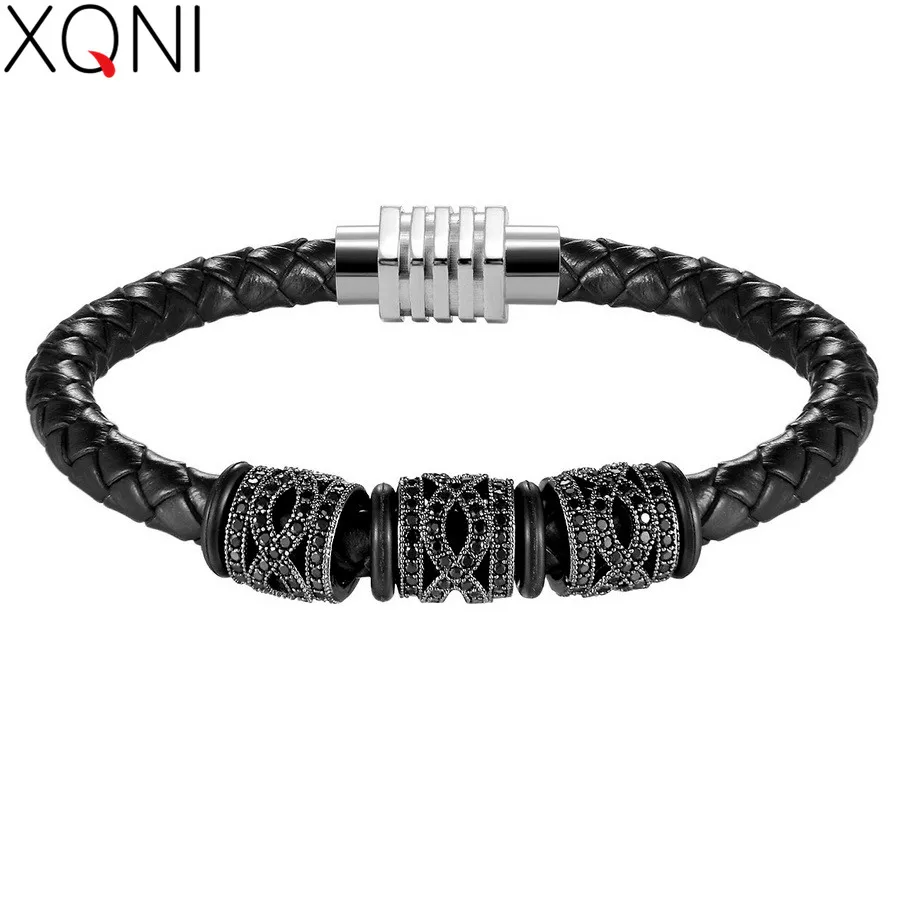 

XQNI Steel/Black/Rose Choose Geometric Combination Bracelet For Men Women Genuine Leather Bracelet&Bangle Retro Jewelry