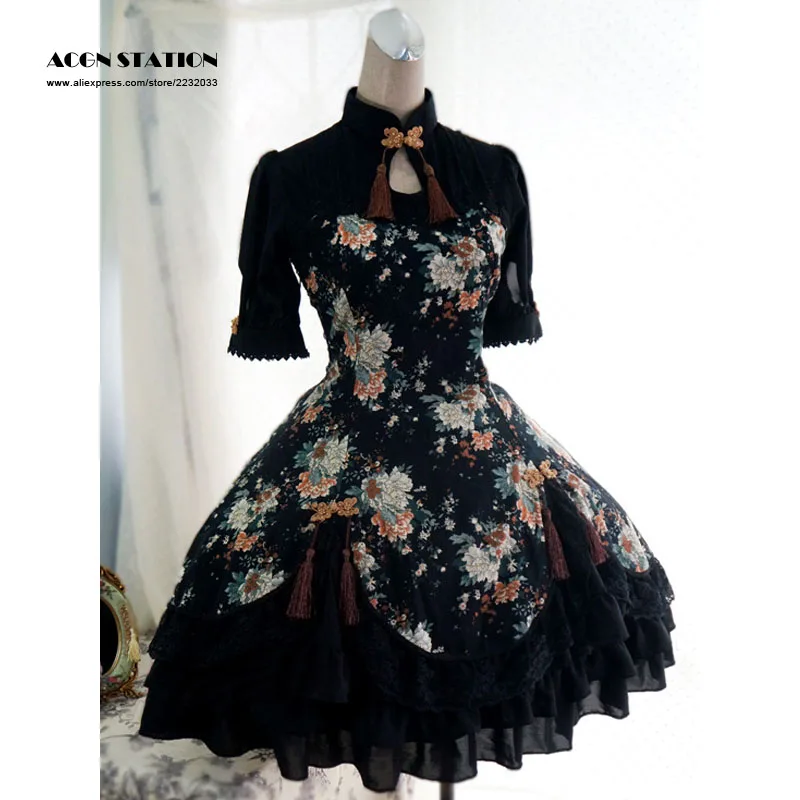 

New Black Cotton Qi Lolita One-piece Dress Short Sleeves Peony Print Lace Up