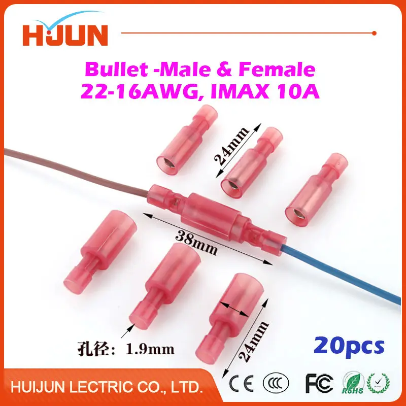 

20pcs/lot Bullet-Male & Bullet-Female Red Quick Disconnect Wire Splice Insulation Terminal Connector 22-16AWG 0.5-1.5mm2 10A