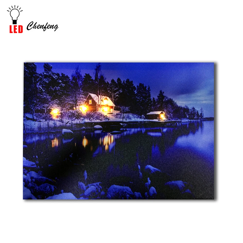 Lighted canvas printing led wall art decorative Snowy Cabin scene winter landscape Painting on Canvas holidaygift | Дом и сад