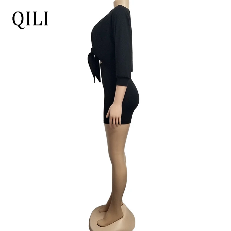 QILI Women Long Sleeve Set Summer Clothes Rompers Black Yellow Gray Crop Top+Shorts Bandage Biker Outfits For Womens | Женская одежда