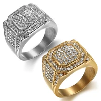 hip hop iced out bling full micro pave rhinestone hexagonal rings ip gold color stainless steel rings for men jewelry