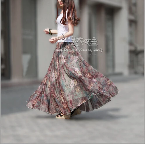 

Pleated chiffon maxi skirt 2017 summer ankle-length bohemian floral print long skirts womens vintage saia longa