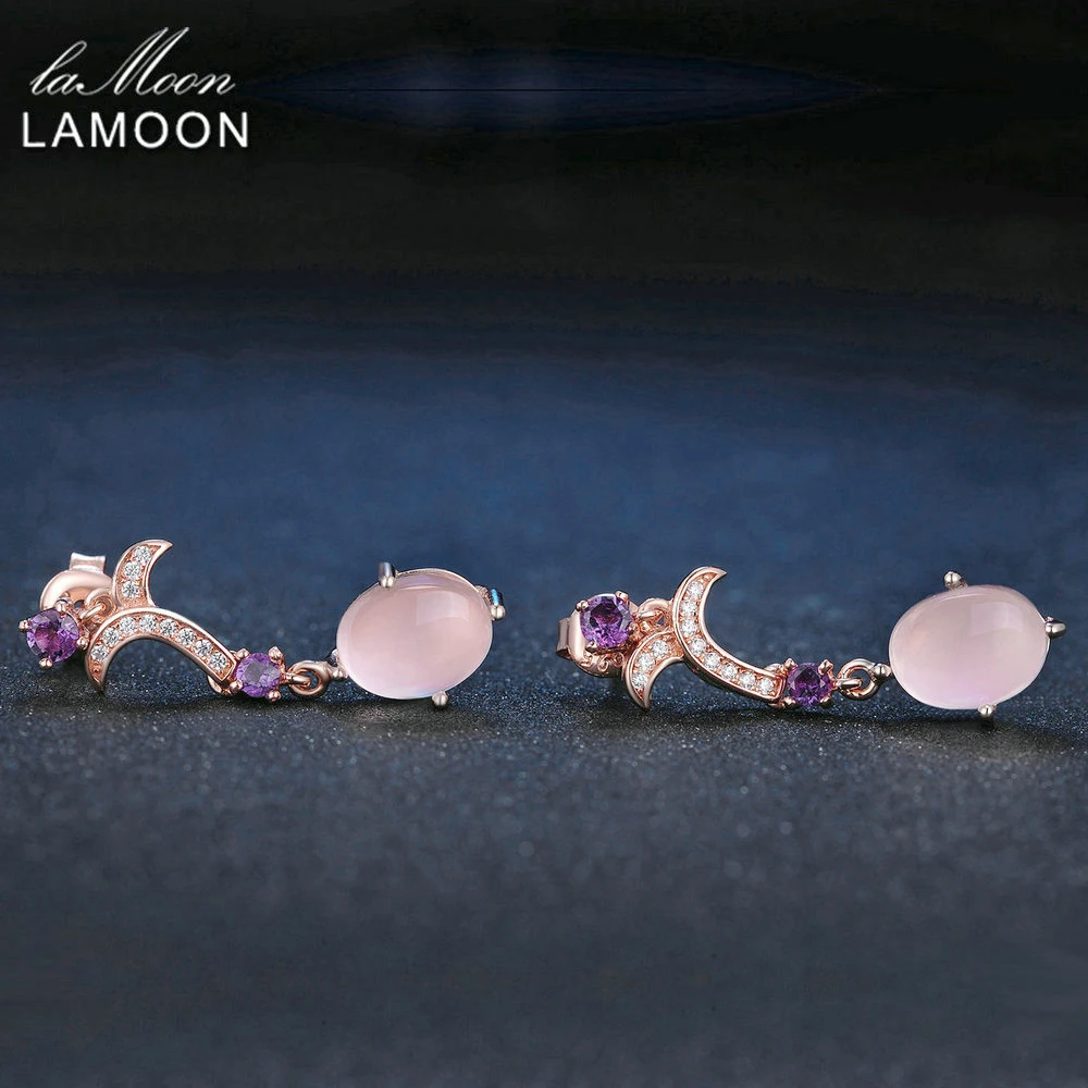 LAMOON- 7X9mm 100% Natural Oval Pink Rose Quartz 925 Sterling Silver Jewelry Drop Earrings S925 LMEI010 | Украшения и аксессуары