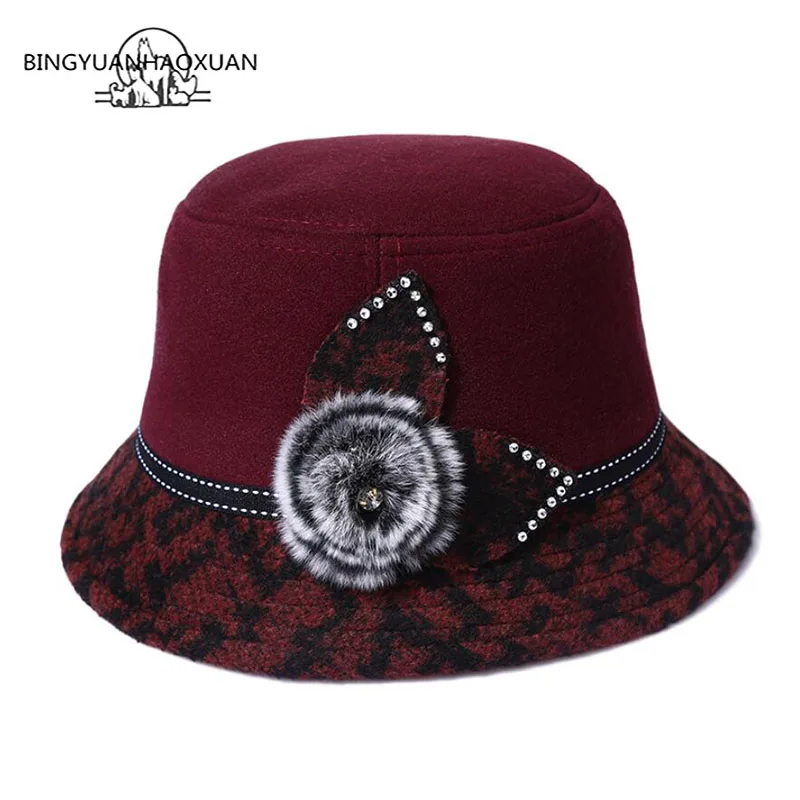 

BINGYUANHAOXUAN Female Winter Woolen Vintage Floral Women Felted Felt Hats Fashion Melon Sombrero Fedora Woolen Hat For Women