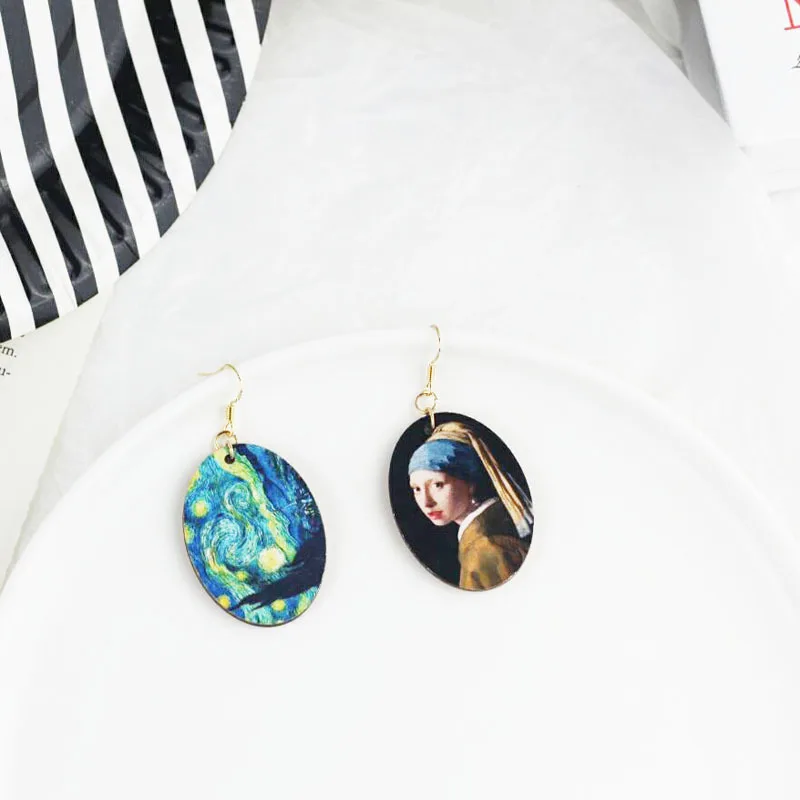 Vintage Retro Renaissance Art Famous Oil Painting Women Portrait Asymmetric Starry Earrings Wooden Abstract Drop | Украшения и