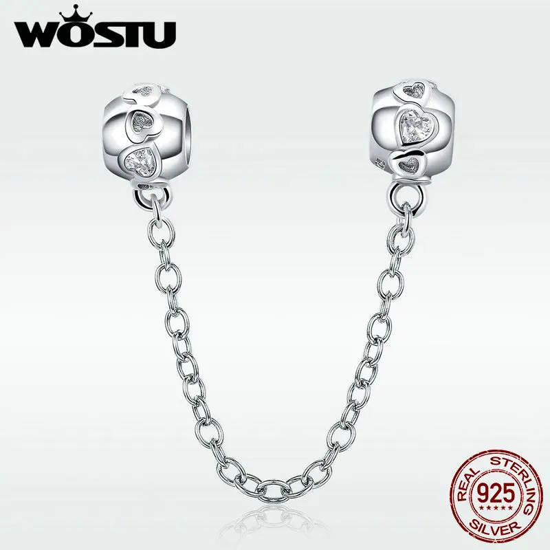 WOSTU 100% Стерлинговое Серебро 925 пробы De-lovely Heart Safety Chain Charm fit Beads Bracelet Necklace DIY Jewelry Making