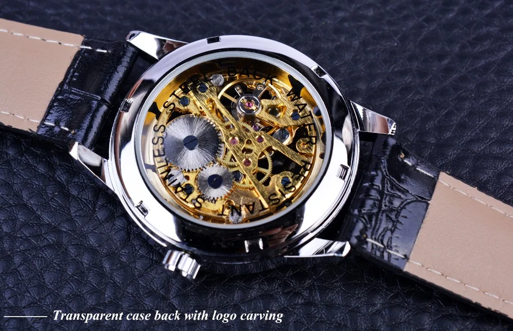 Часы Winner мужские модные повседневные механические с синими стрелками и золотым