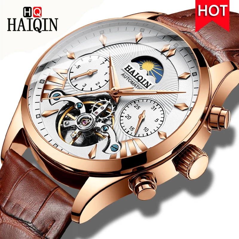 HAIQIN автоматические полые турбийон механические часы Moon Phase для мужчин
