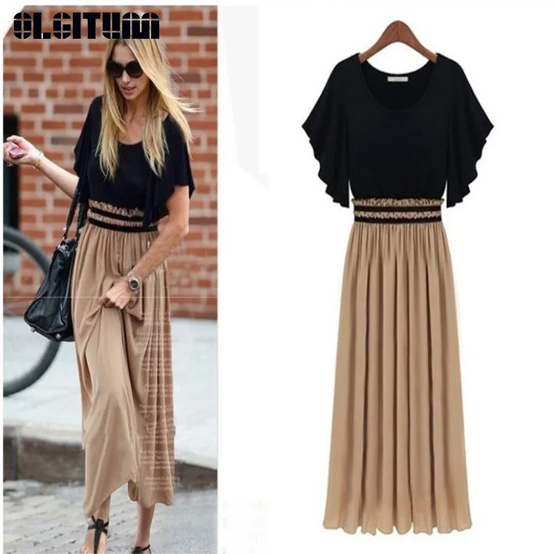 

New 2020 Female Summer Dress Chiffon Stitching Contrast Knit Large Dress Plus Size M-4XL Women Long Dresses WS136