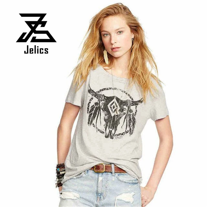 

Jelics Women Summer Short Sleeve T-shirt Gray Casual Bull Head Print Loose Casual Streetwear Tee Shirt Femme Tops 2019 Clothes