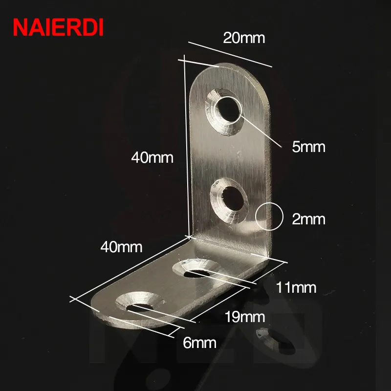 NAIERDI 2pcs 40x40x16mm Practical Stainless Steel Corner Brackets Joint Fastening Right Angle 2MM Thickened Furniture Bracket |