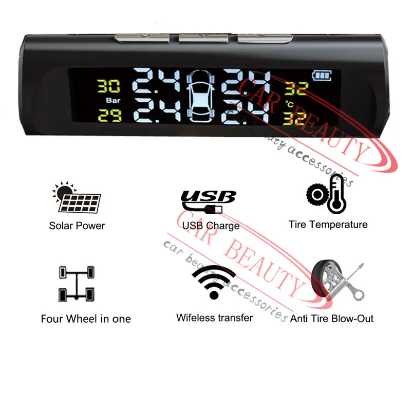 Умный автомобиль TPMS система контроля давления в шинах Солнечная энергия зарядка цифровой ЖК-дисплей Автоматическая охранная сигнализация s