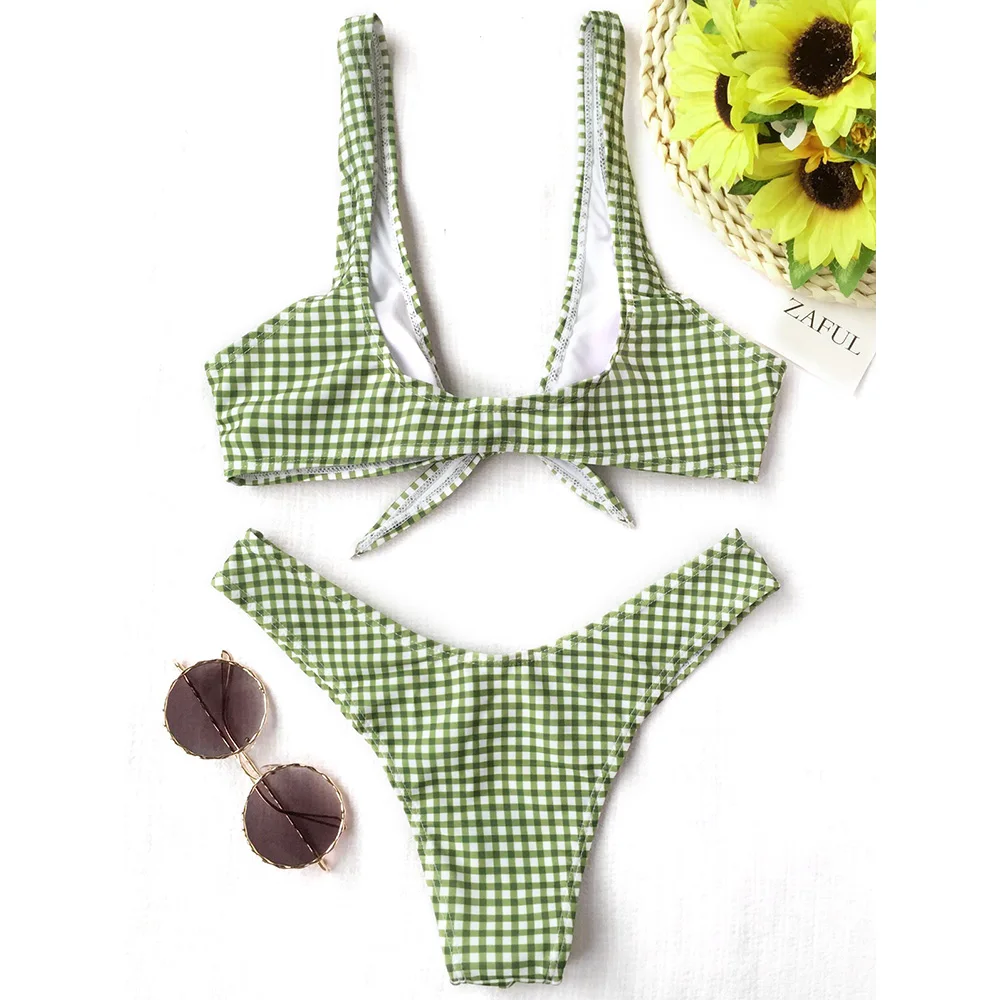 Женское клетчатое бикини со средней талией и глубоким вырезом|swimwear sexy|swimwear women