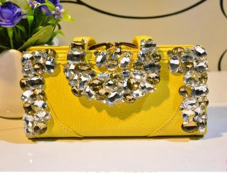 Yellow Кошелек с кристаллами, женские клатчи, роскошные сумки, держатель для карт, вечерняя сумочка, черный Свадебный Кошелек, коровья кожа, кошелек, дамские подарочные сумки - Цвет: Yellow