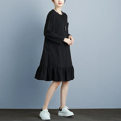 La MaxPa весенне зимнее платье с круглым вырезом Черное женское Повседневное