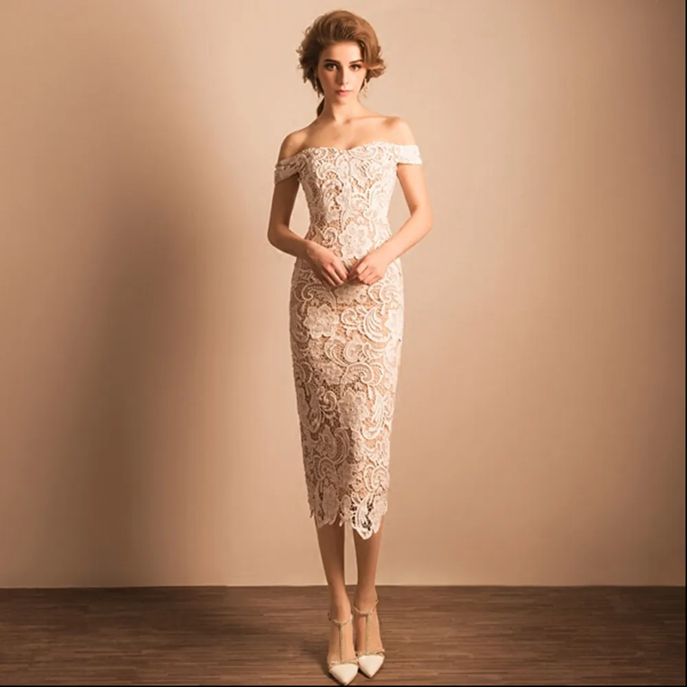 robe de soiree Elegant Lace Evening Dresses Off Shoulder Tea-Length Party KX232 | Свадьбы и торжества