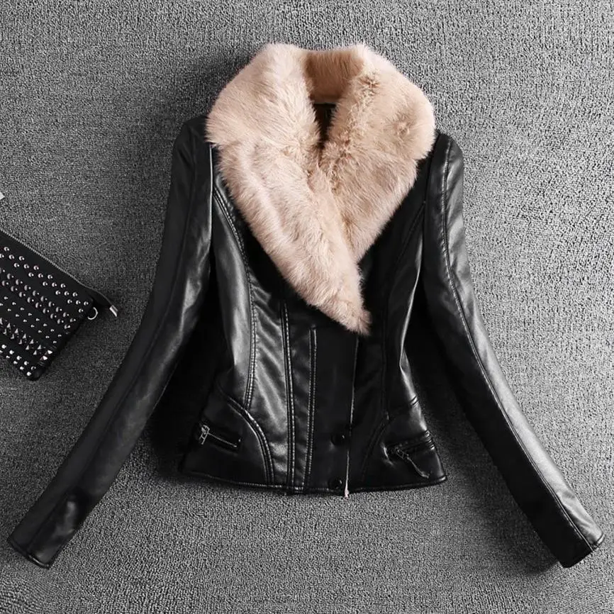 

New Spring And Winter Leather Short Rabbit Fur Collar PU Leather Jacket