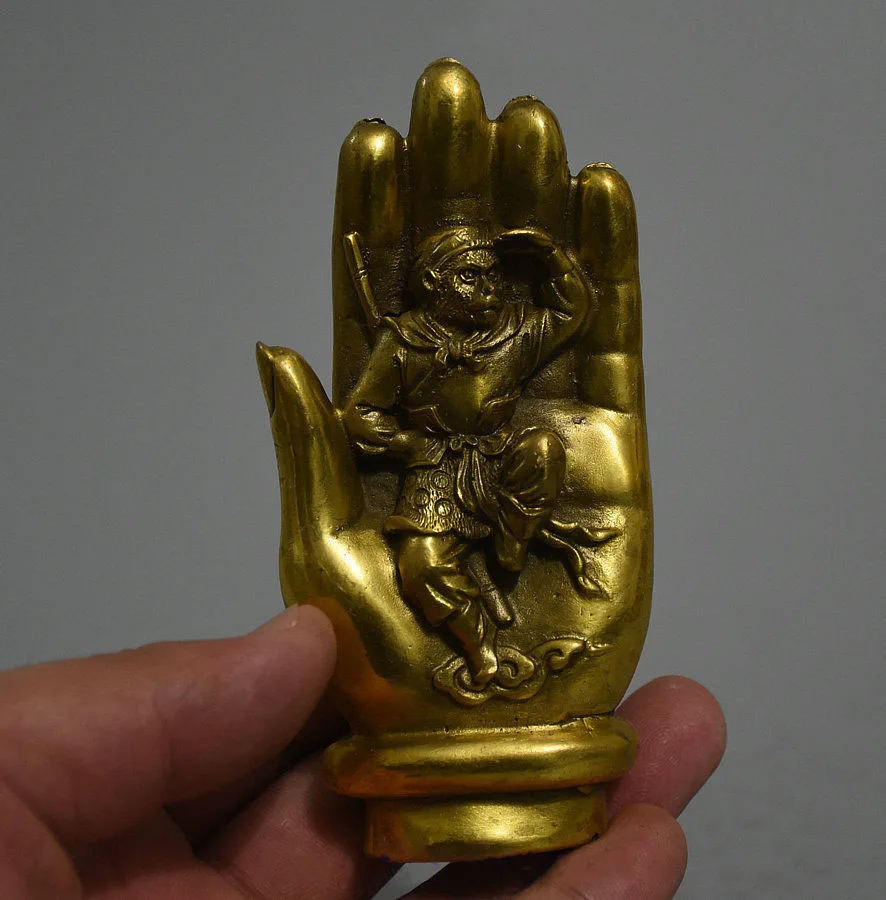 Китай латунь известное путешествие West Sun Wukong Обезьяна Король Бог в статуе рука