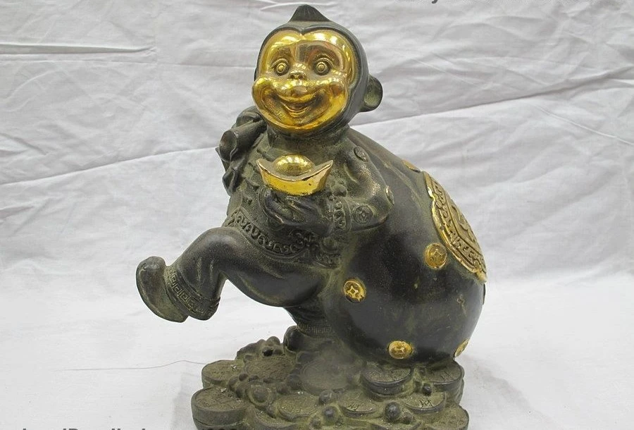 

China Feng Shui Wealth Money Yuan Bao purse Copper Bronze Gilt Monkey Statue