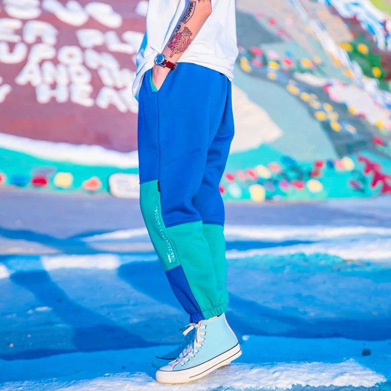 Мужские Цвет блок брюки уличной хип хоп Fleece Sweatpant Harajuku трико для мужчин