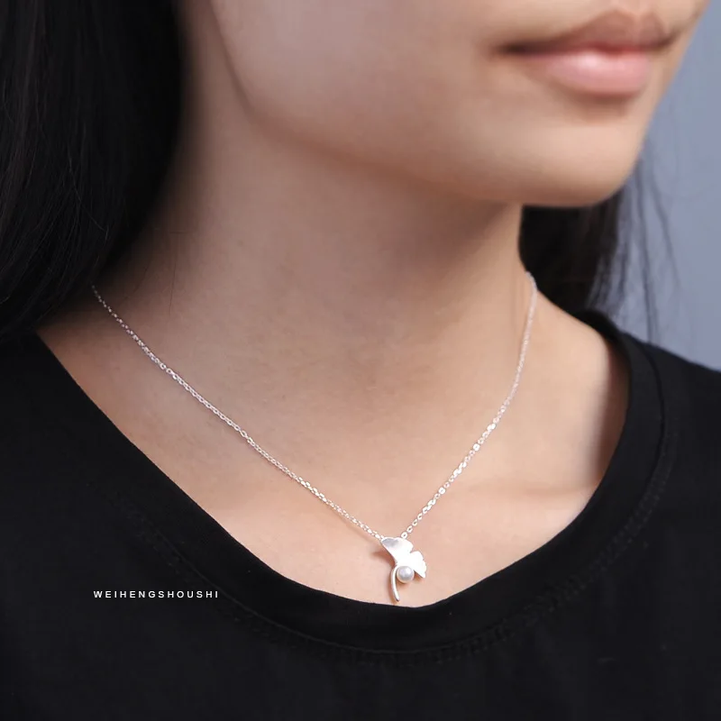 1.5cm high quality 925 Sterling Silver Ginkgo Leaf shape pearl short Necklace female pendant cute chain girls gift | Украшения и