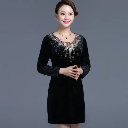 Ethnic 2020 Winter Female A-line Velvet Elegant Floral Retro Knee-length Middle Age Dresses Oversized Plus Size Women Dress JC42 | Женская
