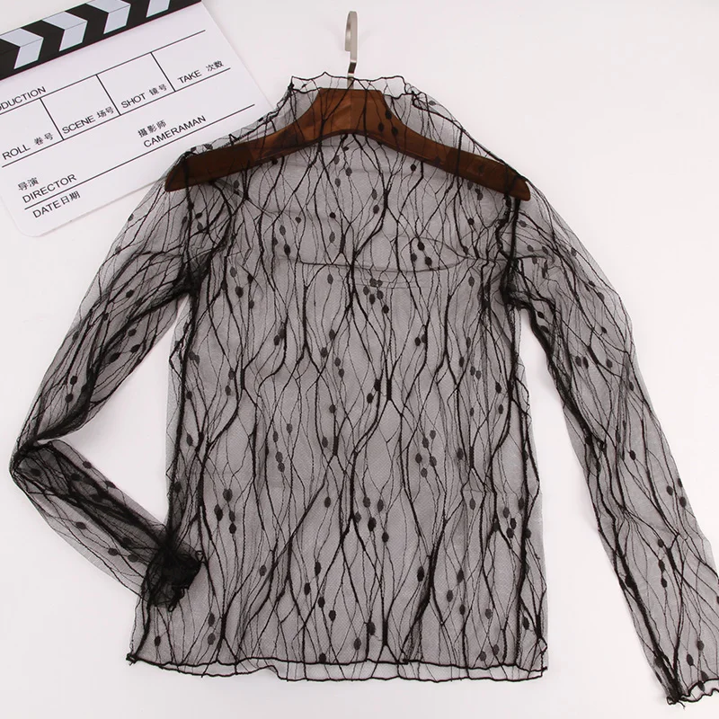 2019 Модные прозрачные футболки с листьями Женская сетчатая рубашка женские