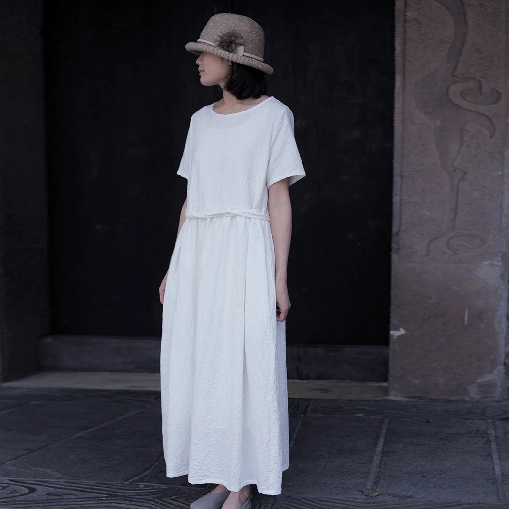 Johnature Cotton Linen Jacquard Women Long Dresses Vintage 2021 Summer Loose Sashes Lace Up Solid Color Short Sleeve | Женская одежда