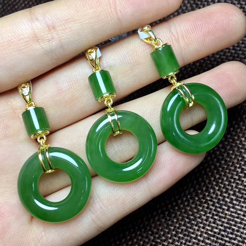 S925 Silver inlaid jade pendant female and Tian Jasper Green chain spinach Emerald Item yuhuan Necklace Sweater Ch | Украшения и