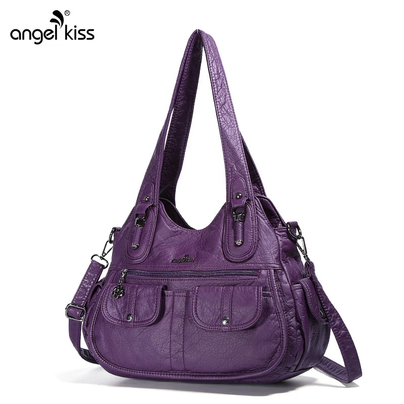 Двойной карман из потертой кожи Для женщин с ручкой сверху вместительные сумки