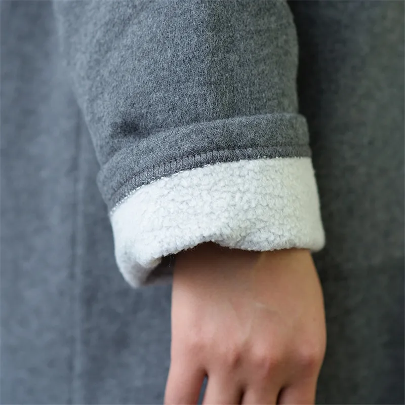 SCUWLINEN, осенне-зимняя женская куртка, одноцветная, винтажная, с капюшоном, на пуговицах, свободная, длинная, утолщенная, хлопок, флис, толстовки S461