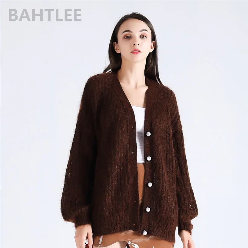 brown BAHTLEE осенне-зимний женский топ из мохера, вязаный кардиган, свитер с длинными рукавами-фонариками, жемчужными пуговицами и v-образным вырезом, четыре цвета - Цвет: brown