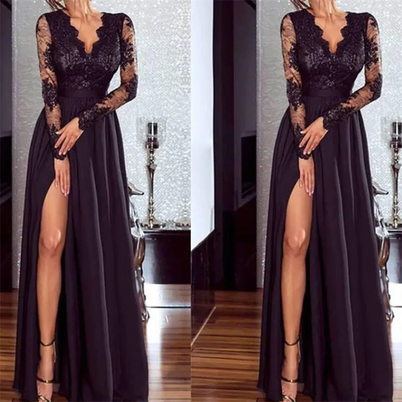 Женское вечернее платье длинное кружевное бальное с длинным рукавом и