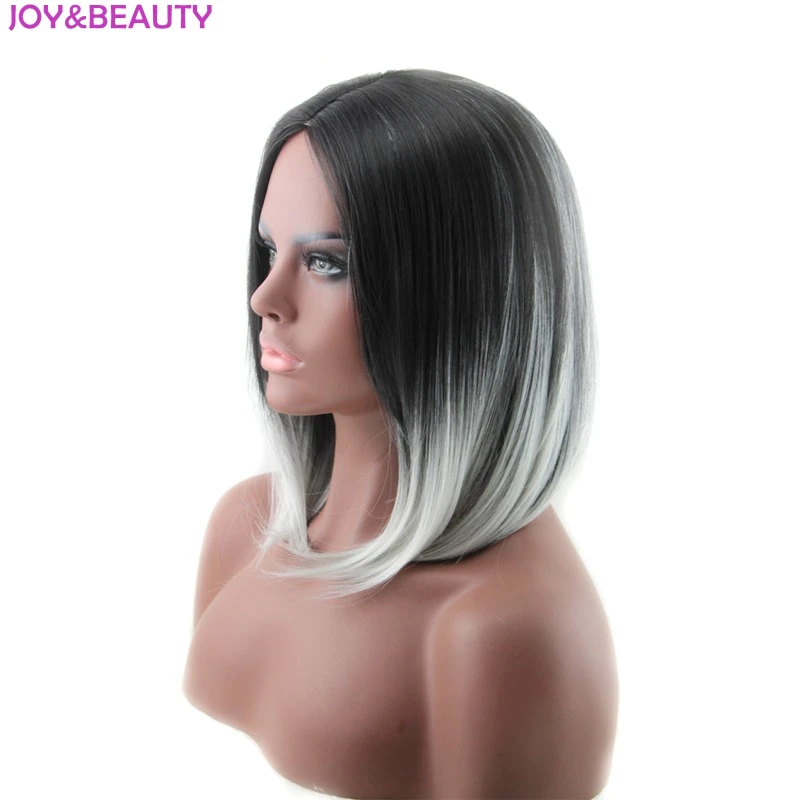 

JOY&BEAUTY Synthetic Hair Black Gray Ombre Wig Short Straight High Temperature Fibe Hair 14inch Long For Women Wig