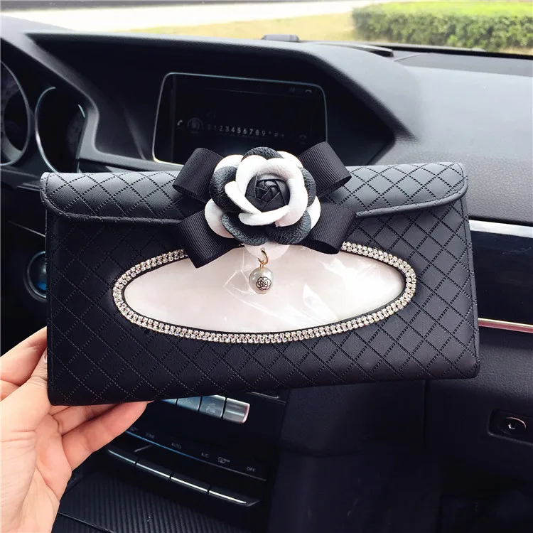 crystal black white Автомобильный солнцезащитный козырек Camellia, тканевая коробка, кожаный подвешиваемый Авто держатель ткани, цветок для кристалл для девушки, горный хрусталь, авто Хлопковая Сумка для салфеток - Название цвета: crystal black white