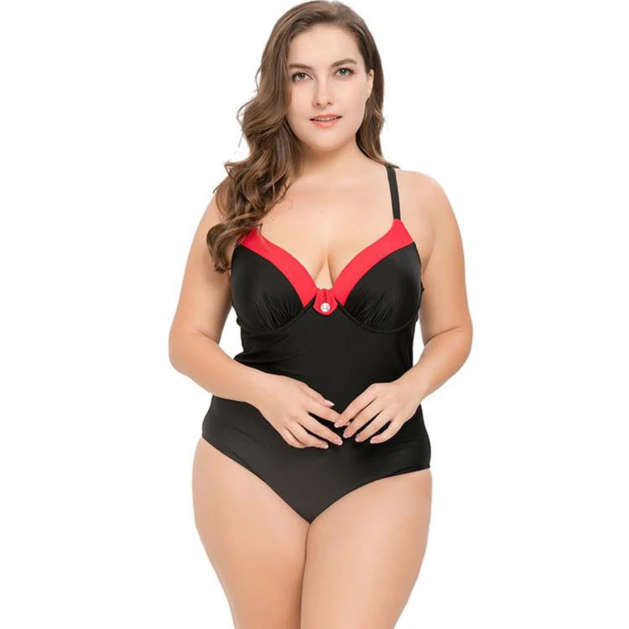Женский купальник большого размера Цельный однотонный купальный костюм для
