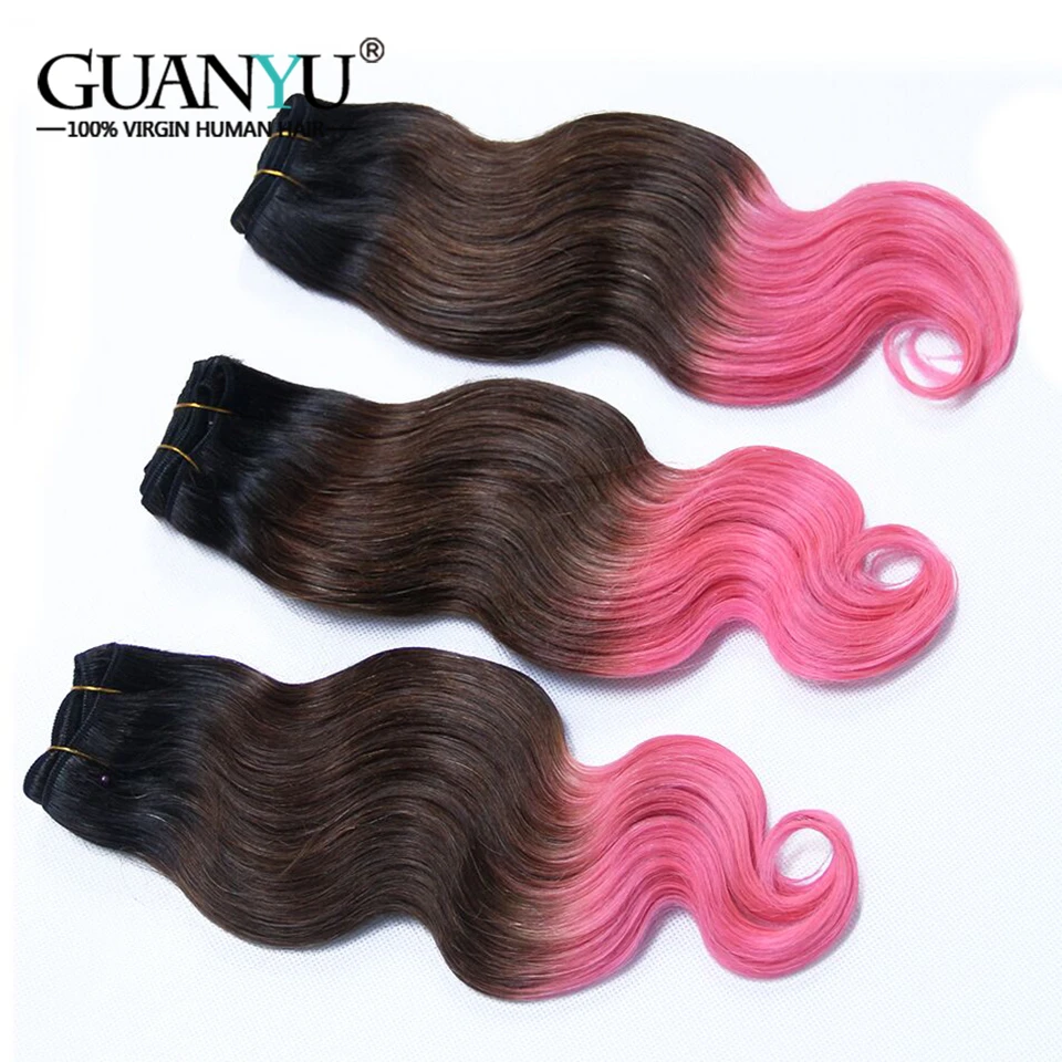 Guanyuhair 1B/4/4 розовый три тона Омбре 3 пучка с закрыванием 4*4 перуанские Remy