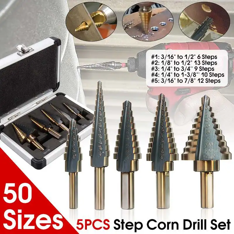 Drillpro утилита 5 шт./компл. HSS Кобальт несколько отверстий 50 размеры Шаг сверло набор с Алюминий чехол для woodwroking