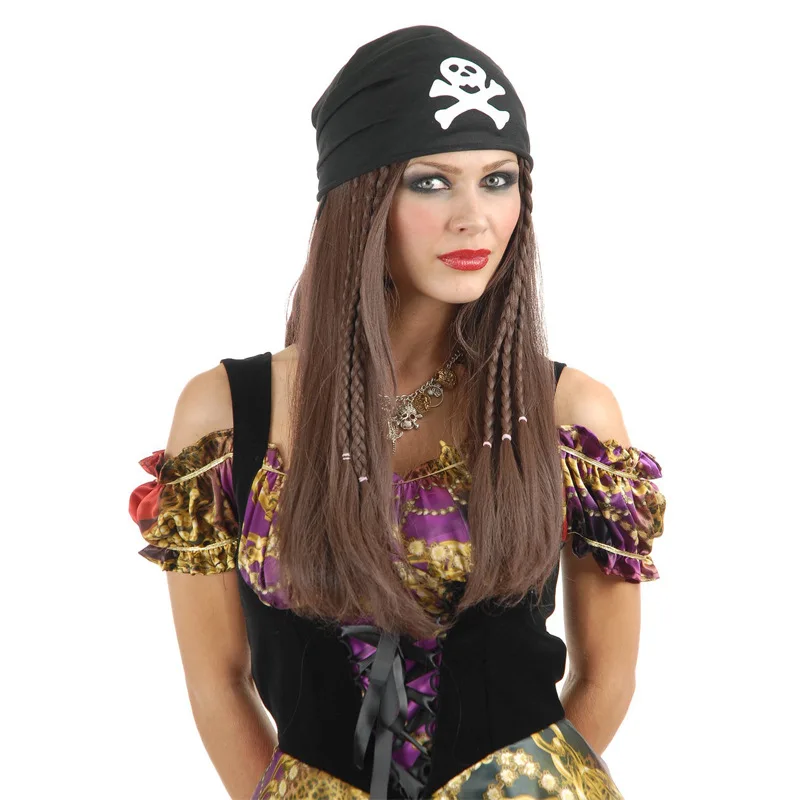 

Halloween Pirate Cosplay Hairpiece Kerchief Set Black Long Curly Brown Long Straight Perming And Drying Kanekalon Hairpiece