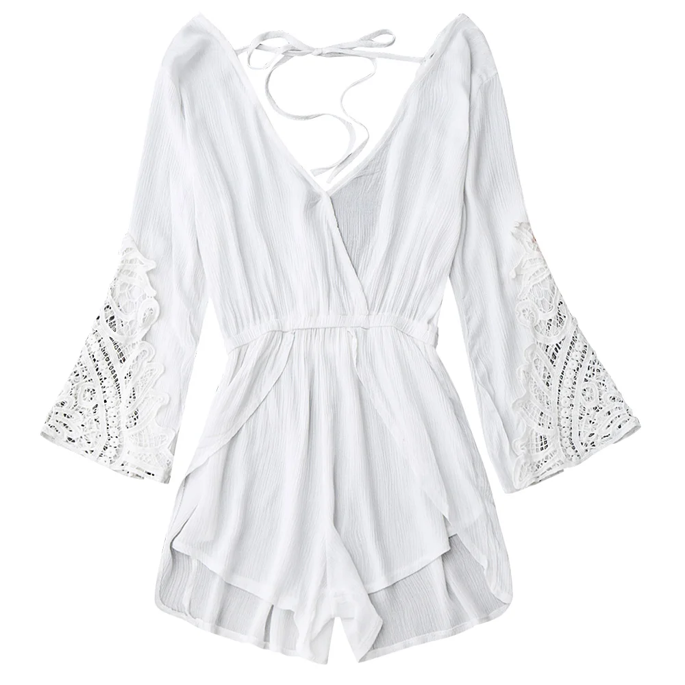 ZAFUL Low Back Plunge Linen Cover Up Romper Women Bikini Beach Dress Female Swimsuit Beachwear Bathing Suit Ups |