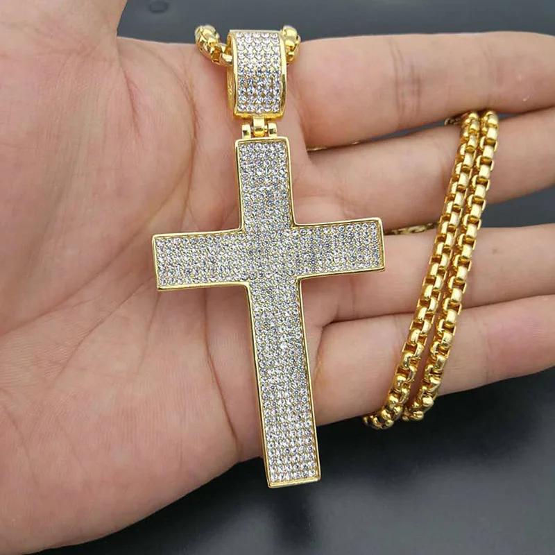 

Full Rhinestone Bling Iced Out Cross Pendants Necklaces Gold 316L Stainless Steel Hip Hop Rapper Jewelry with 24" Gold Chain