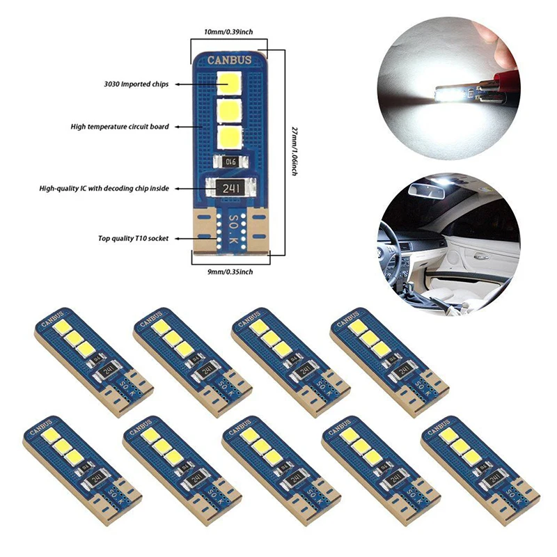 10 шт. T10 W5W светодиодные лампы 3030 SMD 168 194 автомобильные аксессуары зазор для чтения